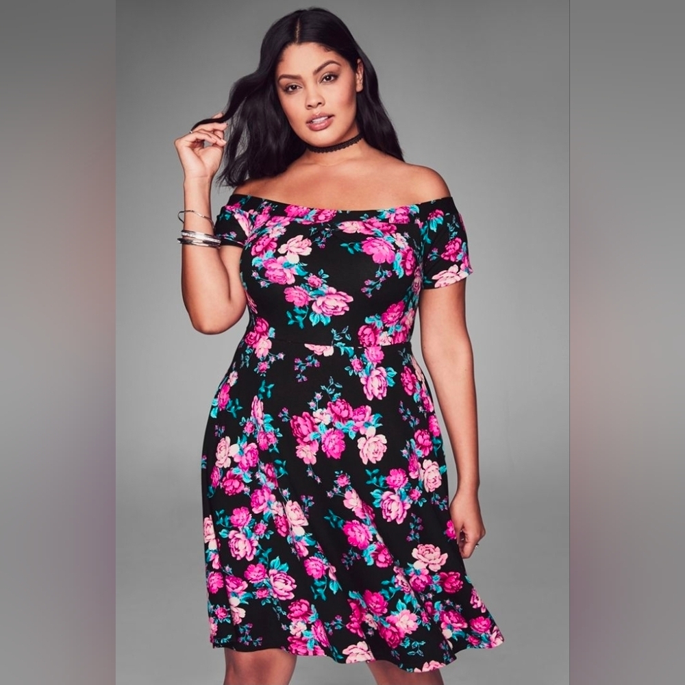Torrid Ponte Off Shoulder Floral Skater Dress Size 00 Medium